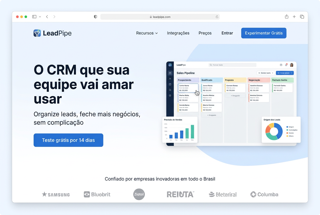Site profissional LeadPipe CRM — exemplo de landing page categoria CRM B2B