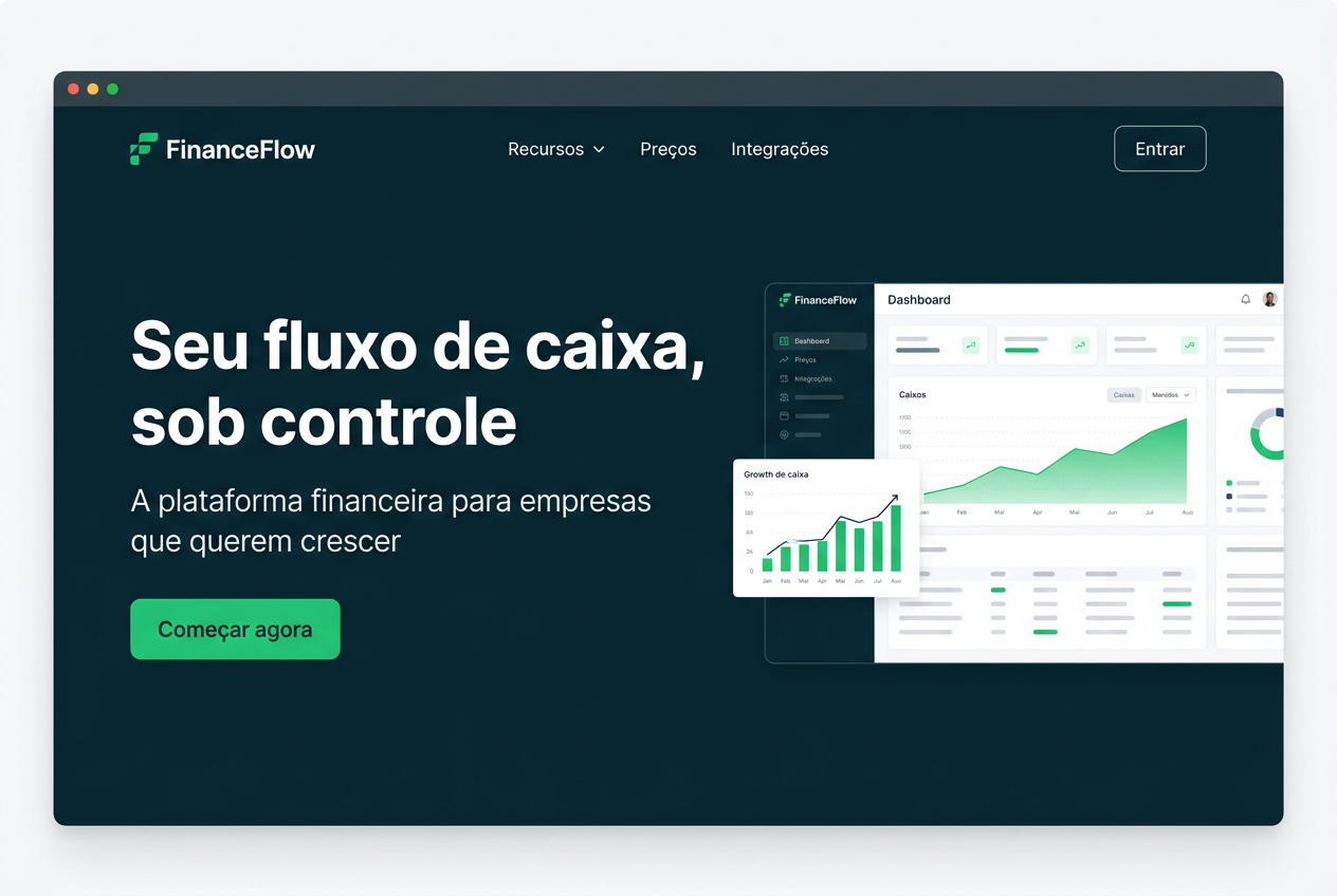Site profissional FinanceFlow — exemplo de landing page categoria Fintech B2B