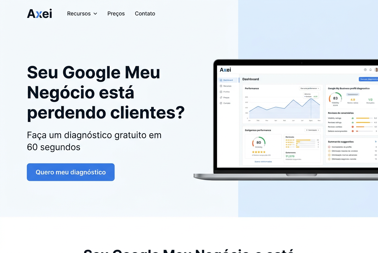 Site profissional Axei — exemplo de landing page categoria Diagnóstico Google Meu Negócio