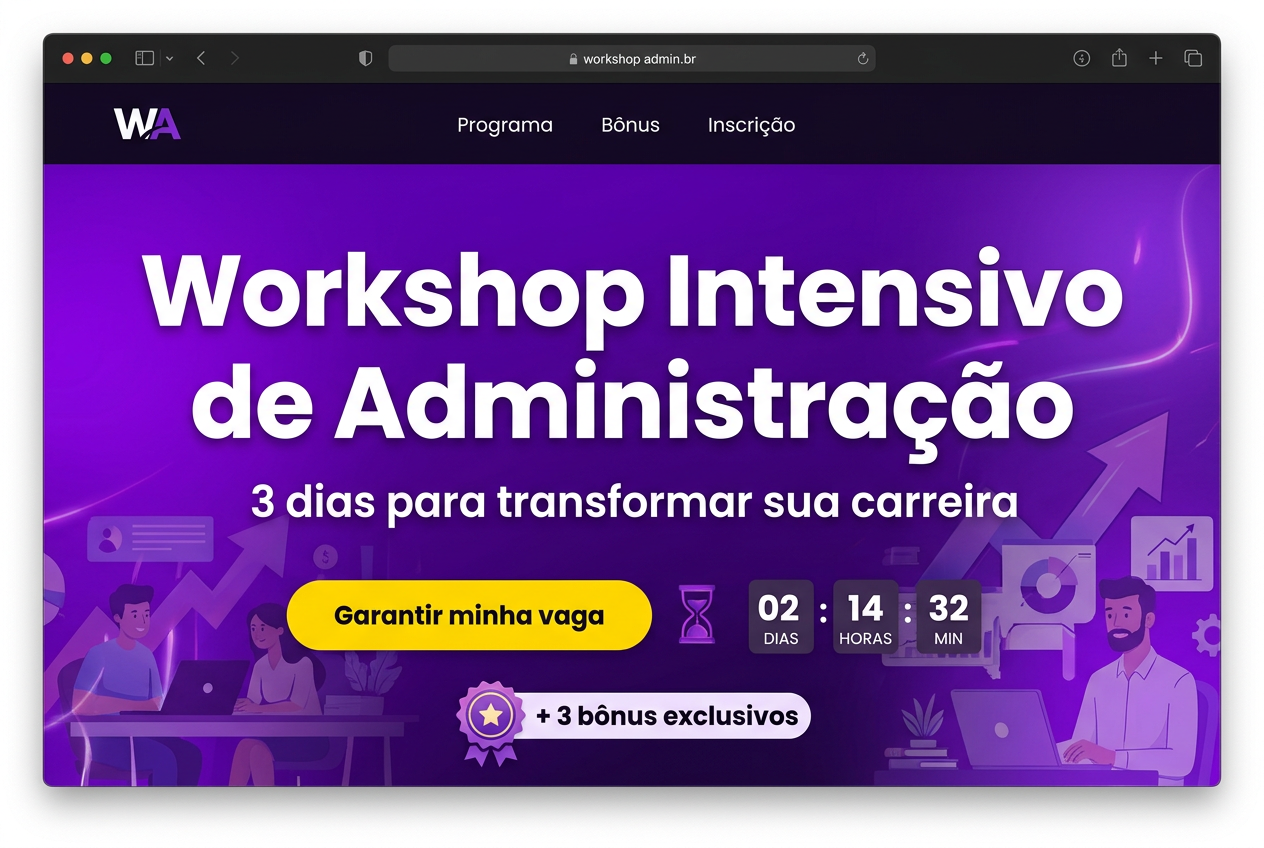 Site profissional Workshop Admin — exemplo de landing page categoria Página de evento
