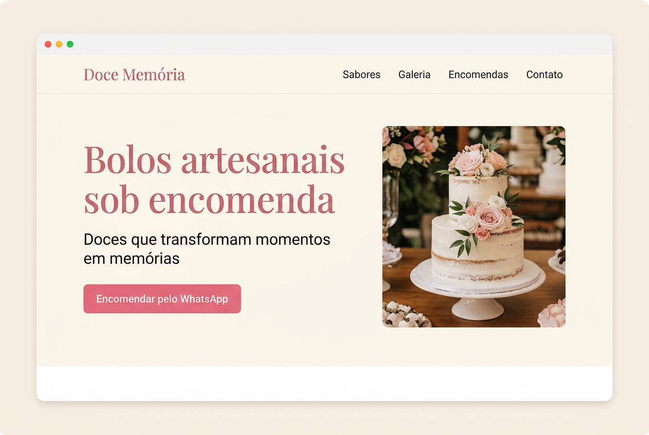Site profissional Doce Memória — exemplo de landing page categoria Confeitaria artesanal