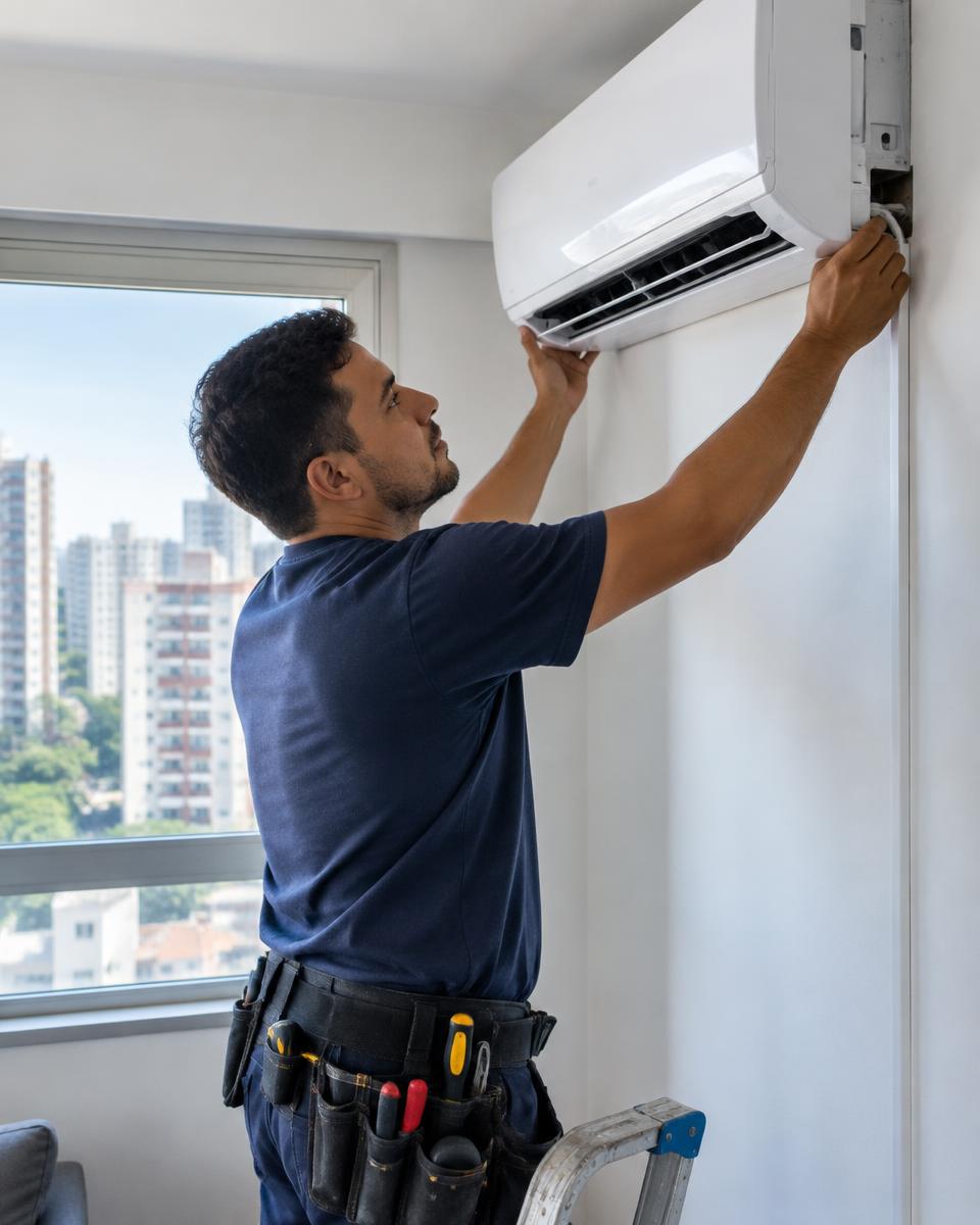 Técnico instalando um aparelho de ar-condicionado